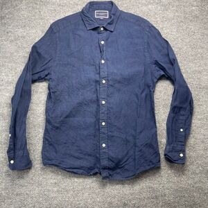 Charles Tyrwhitt Mens Navy Blue 100% Linen Slim Fit Long Sleeve Shirt Medium